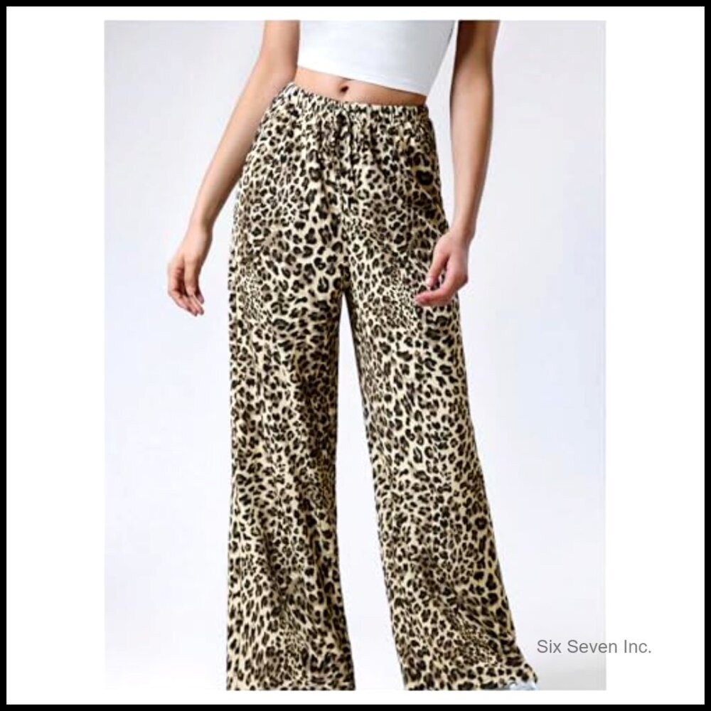 Drawstring Waist Leopard Print Trousers Tie Front Wide Leg Pants - Picture 4 of 5